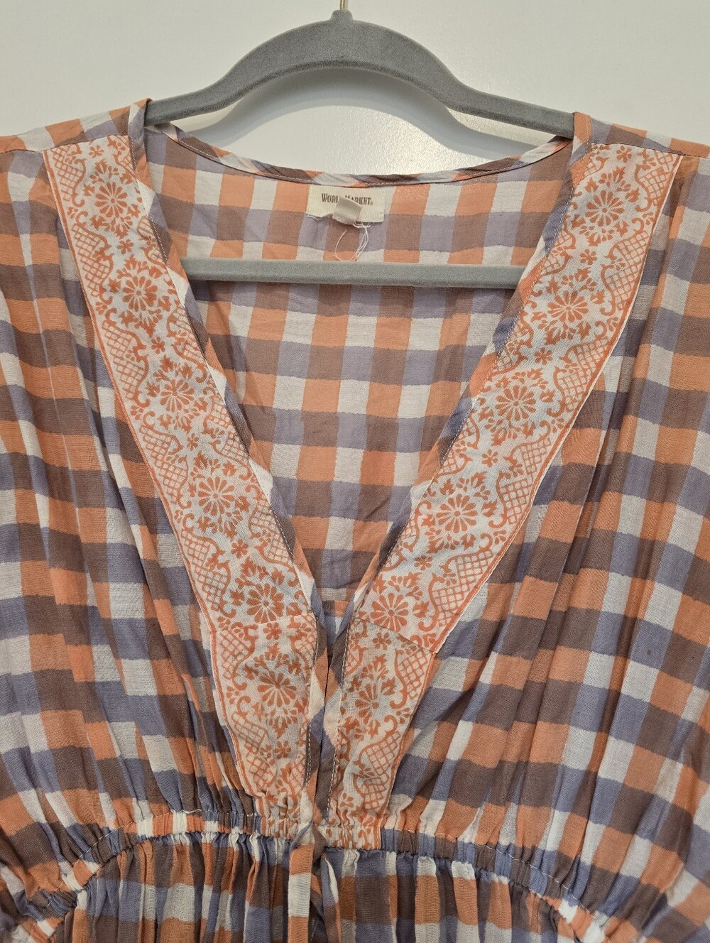 World Market Mira Checkered Dolman Kaftan Dress With Tie At Waist 100% Cotton - Picture 3 of 10